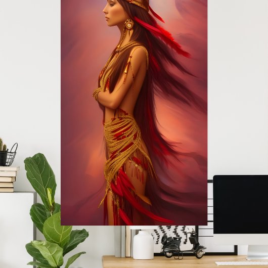 Amerikanische Ureinwohner Rot Goldkleid Federn Poster (Heimbüro)