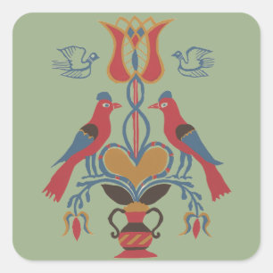 Amerikanische Vintage-Volkskunst-Vögel Herz Blumen Quadratischer Aufkleber
