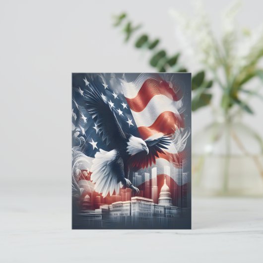 Amerikanischer Adler stürzt über das Stadtbild Postkarte (Stehend Vorderseite)