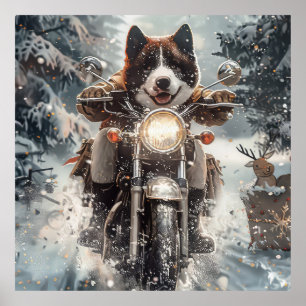 Amerikanischer Akita-Hund fährt Motorrad Weihnacht Poster
