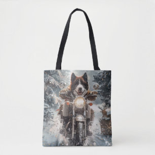 Amerikanischer Akita-Hund fährt Motorrad Weihnacht Tasche