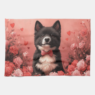 Amerikanischer Akita mit Rosen - Valentinstag Geschirrtuch