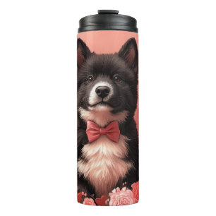 Amerikanischer Akita mit Rosen - Valentinstag Thermosbecher