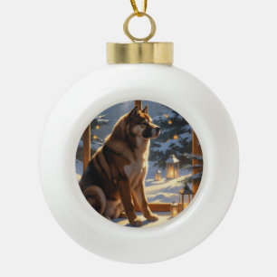 Amerikanischer Akita mit Weihnachtslichtern Feiert Keramik Kugel-Ornament