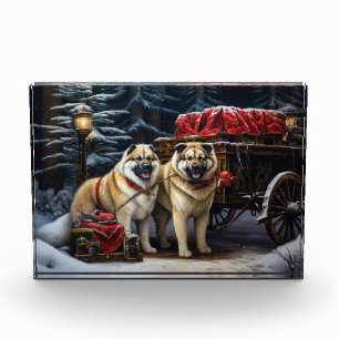 Amerikanischer Akita Schneebedeckter Schlittenfahr Fotoblock