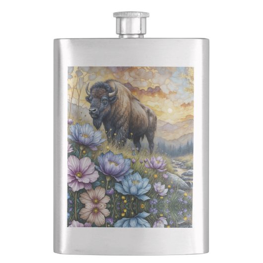 Amerikanischer Bison im blumigen Bergtal Flachmann (Vorderseite)