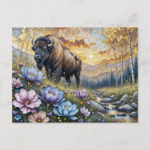 Amerikanischer Bison im blumigen Bergtal Postkarte