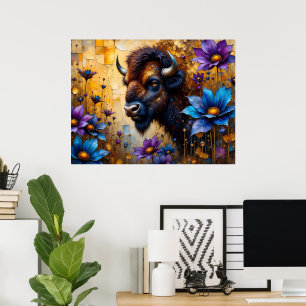 Amerikanischer Bison in texturiertem Blumenporträt Poster