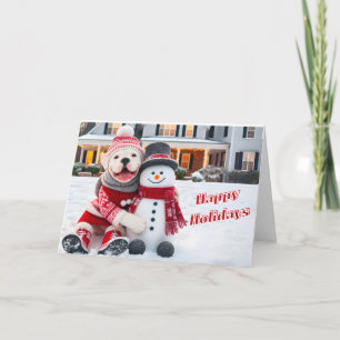 Amerikanischer Bulldog mit seiner Snowman-Karte Feiertagskarte