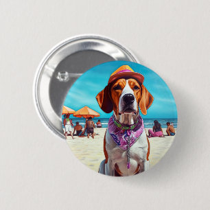 Amerikanischer English Foxhound am Strand, Sommerg Button
