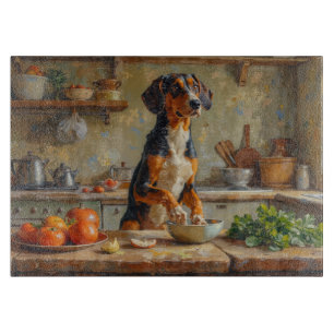 Amerikanischer English Foxhound beim Kochen in der Schneidebrett
