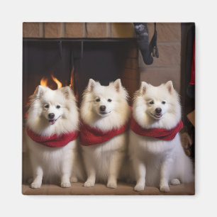 Amerikanischer Eskimo am Kamin Weihnachten Magnet