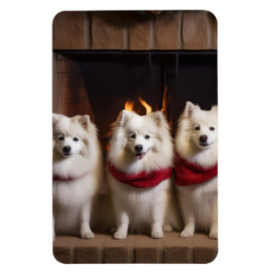Amerikanischer Eskimo am Kamin Weihnachten Magnet