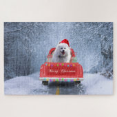 Amerikanischer Eskimo Hund im Schnee sitzen zu Wei Puzzle (Horizontal)