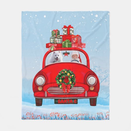 Amerikanischer Eskimo Hund in Auto mit dem Weihnac Fleecedecke (Vorderseite)