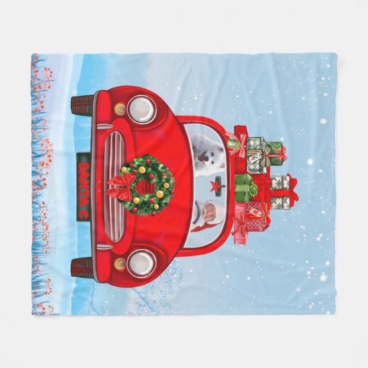 Amerikanischer Eskimo Hund in Auto mit dem Weihnac Fleecedecke (Vorderseite (Horizontal))