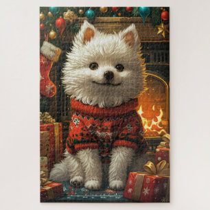 Amerikanischer Eskimo Hund mit Weihnachtsgeschenke Puzzle