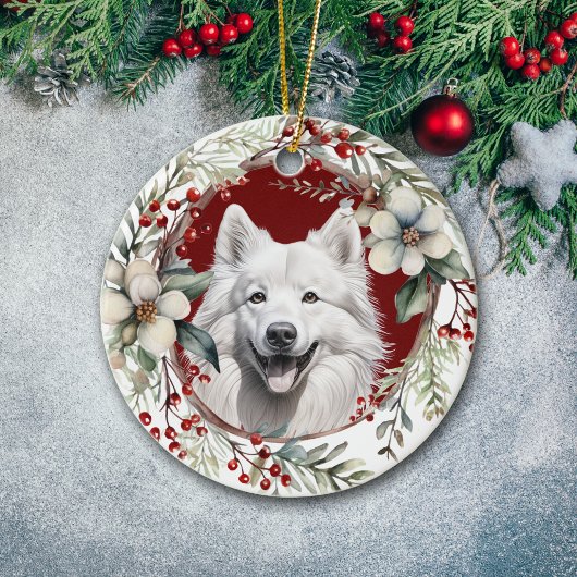 Amerikanischer Eskimo Hund Rustikaler Weihnachtskr Keramik Ornament