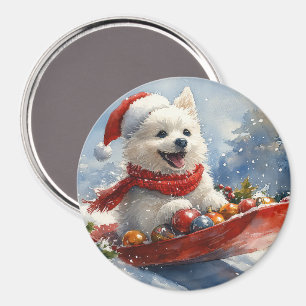 Amerikanischer Eskimo im Schlitten Lass es schneie Magnet