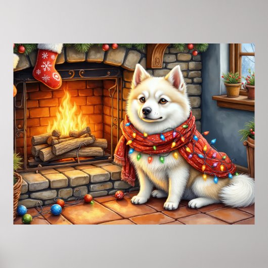 Amerikanischer Eskimo-Kamin mit Weihnachtslichtern Poster (Vorne)