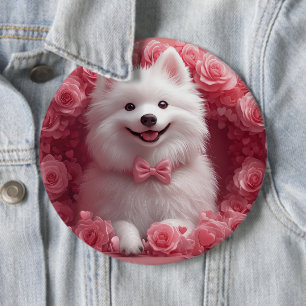 Amerikanischer Eskimo mit Rosen - Valentinstag Button