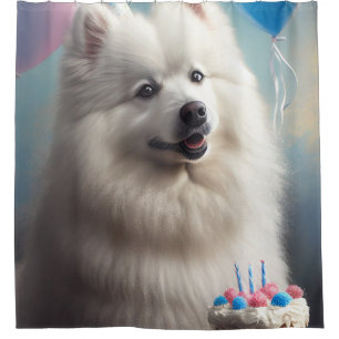 Amerikanischer Eskimohund mit Ballons Geburtstag Duschvorhang