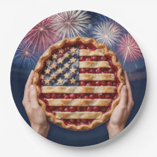 Amerikanischer Flaggenrand auf einer Kirschtorte Pappteller