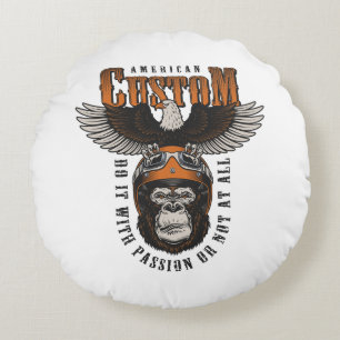 Amerikanischer Gorilla-Motorrad-Vintage-Biker-Adle Rundes Kissen