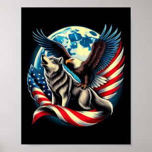 Amerikanischer Ld Adler und Wolf USA-Flagge 4. Jul Poster