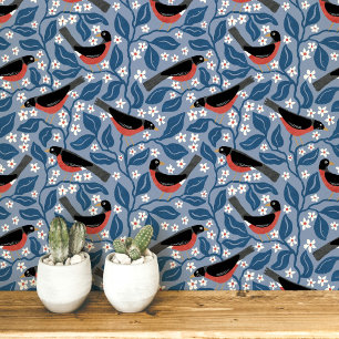 Amerikanischer Rotkehlchen-Apfelblüten-Vogel-Blume Tapete