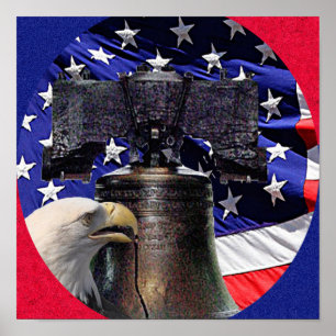 Amerikanischer Weißkopfseeadler, Glocke und Flagge Poster