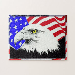 Amerikanischer Weißkopfseeadler-Zeichnung und Flag Puzzle