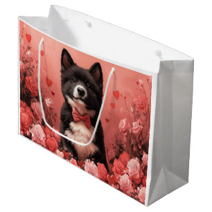 Amerikanisches Akita mit Rose - Valentinstag Große Geschenktüte