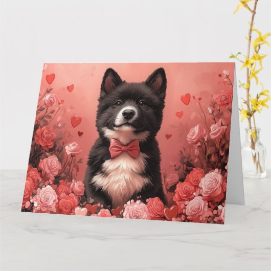 Amerikanisches Akita mit Rose - Valentinstag Karte (Gelbe Blume)