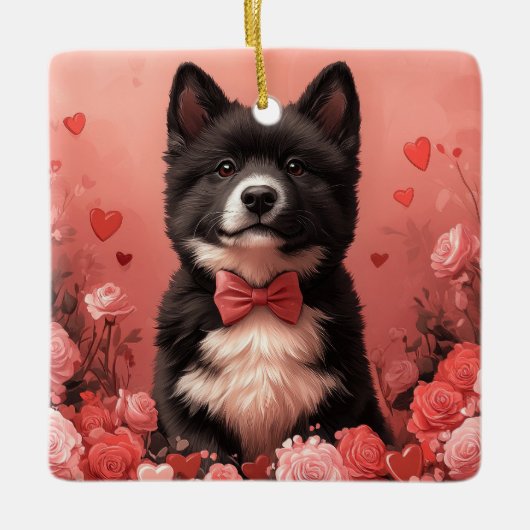 Amerikanisches Akita mit Rose - Valentinstag Keramikornament (Vorderseite)