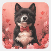Amerikanisches Akita mit Rose - Valentinstag Quadratischer Aufkleber (Vorderseite)