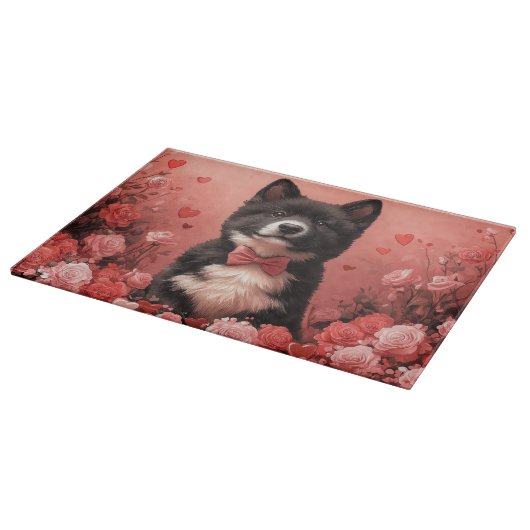 Amerikanisches Akita mit Rose - Valentinstag Schneidebrett (Ecke)