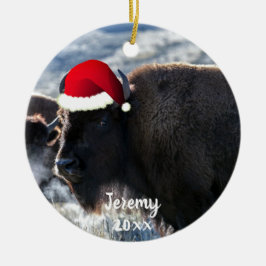 Amerikanisches Bison in der Weihnachtsmannmütze  Keramik Ornament