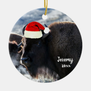 Amerikanisches Bison in der Weihnachtsmannmütze Keramik Ornament