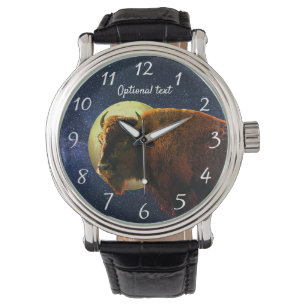Amerikanisches Bison, Vollmond und Sternennacht Armbanduhr