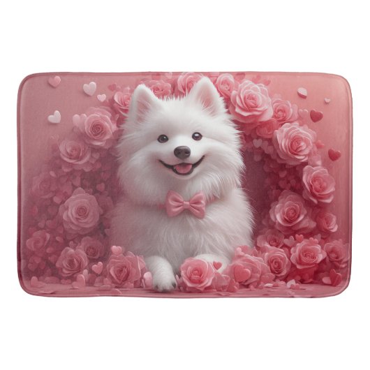 Amerikanisches Eskimo mit Rose - Valentinstag Badematte (Vorderseite)