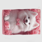 Amerikanisches Eskimo mit Rose - Valentinstag Golfhandtuch (Horizontal)