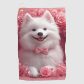Amerikanisches Eskimo mit Rose - Valentinstag Golfhandtuch (Vorderseite)