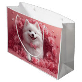 Amerikanisches Eskimo mit Rose - Valentinstag Große Geschenktüte (Rückseite Schrägansicht)