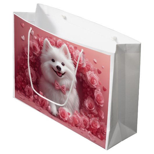 Amerikanisches Eskimo mit Rose - Valentinstag Große Geschenktüte (Vorderseite Schrägansicht)