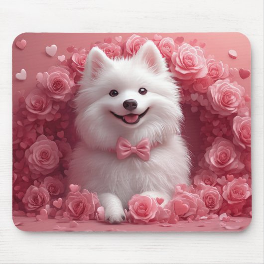 Amerikanisches Eskimo mit Rose - Valentinstag Mousepad (Vorne)