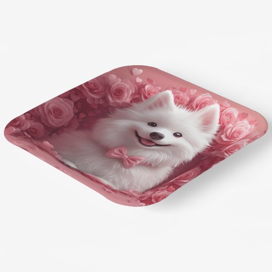 Amerikanisches Eskimo mit Rose - Valentinstag Pappteller (Gewinkelt)