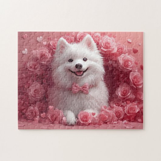 Amerikanisches Eskimo mit Rose - Valentinstag Puzzle (Horizontal)