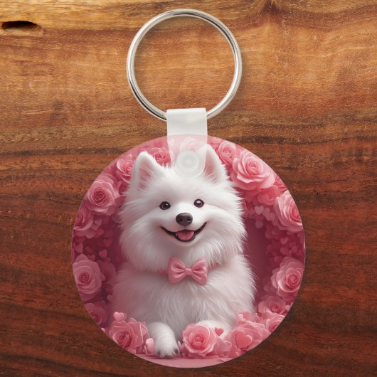 Amerikanisches Eskimo mit Rose - Valentinstag Schlüsselanhänger (Vorderseite)