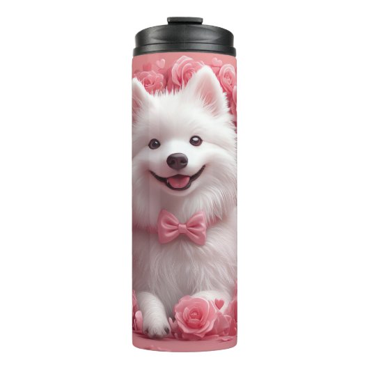 Amerikanisches Eskimo mit Rose - Valentinstag Thermosbecher (Vorderseite)